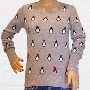 Shrinking Violet Cute Penguins Thick Warm Winter Gray Sweater Size Medium VGC